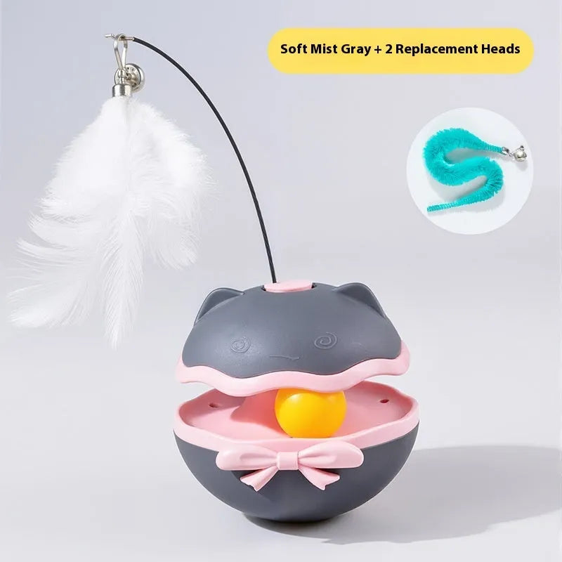 Electric cat toy tumbler in lemon yellow, sky blue, or soft fog grey showing self-moving plastic design