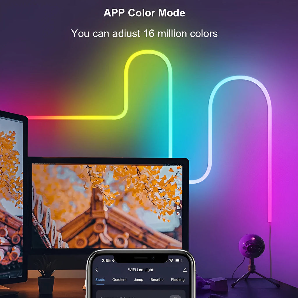 3 metre RGB LED neon light strip with remote control showing colour-changing illumination