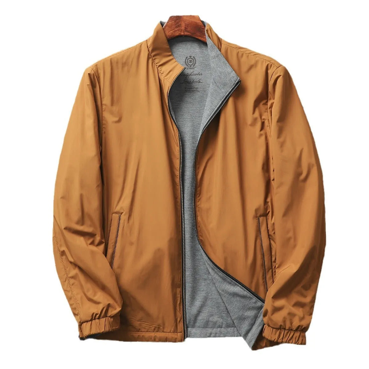 Men's simple stand collar casual jacket in polyester blend fabric, shown on a hanger.