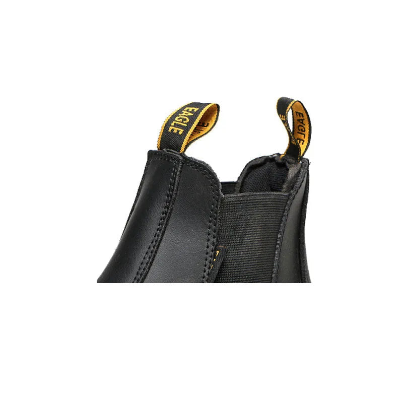 Black high-top leather safety work boots with anti-piercing soles on a plain background.