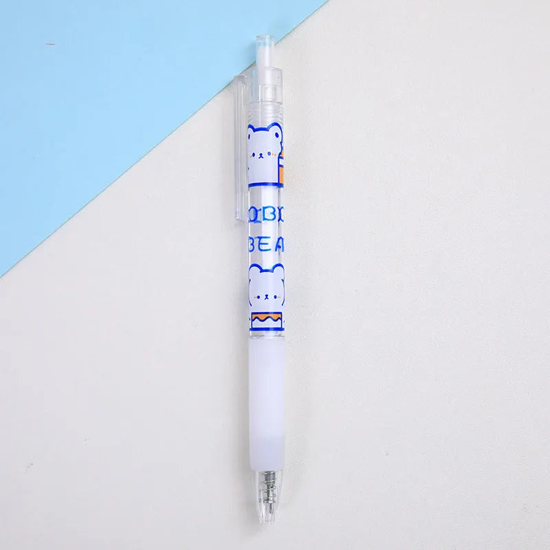Set of six cute cream bear and rabbit character press pen knives on a white background.