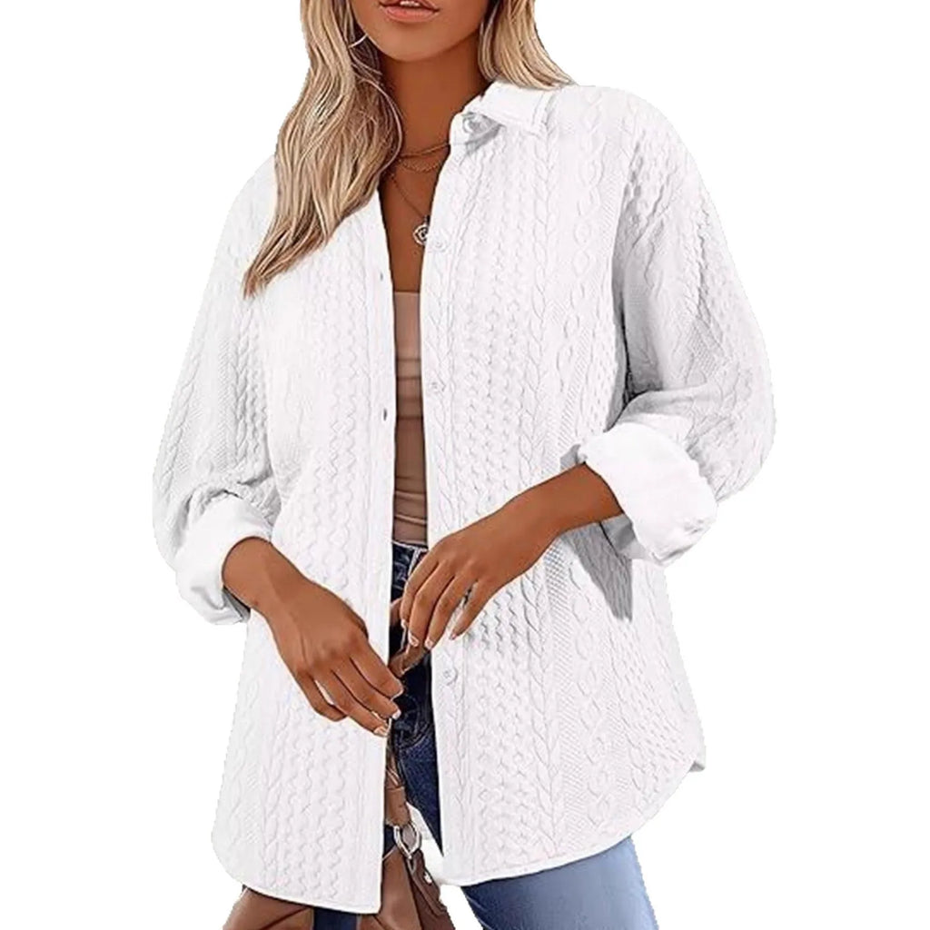 Women's solid colour knitted cardigan sweater with long sleeves in black, white, or khaki options