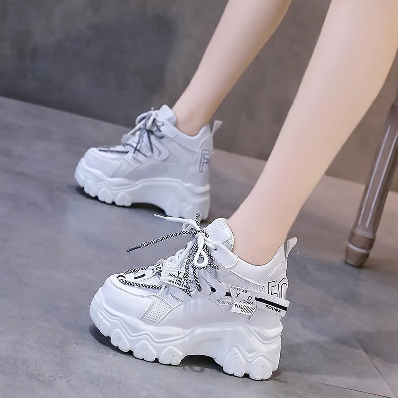 Women's white breathable mesh platform sports shoes with cross strap and rubber sole