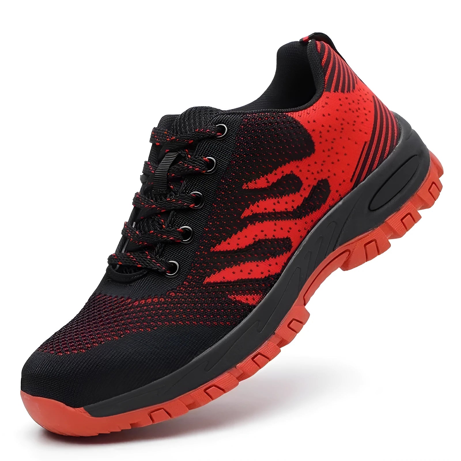 Red protective shoes with steel toe cap and breathable mesh upper