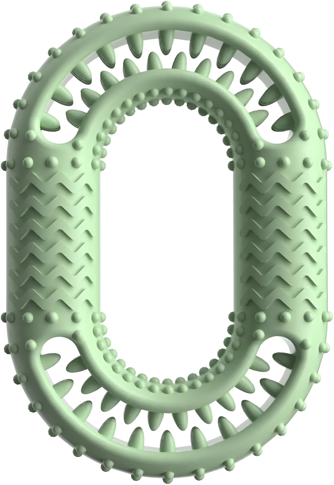 Blue, green, and pink O-ring shaped durable dog chew toy for aggressive chewers.