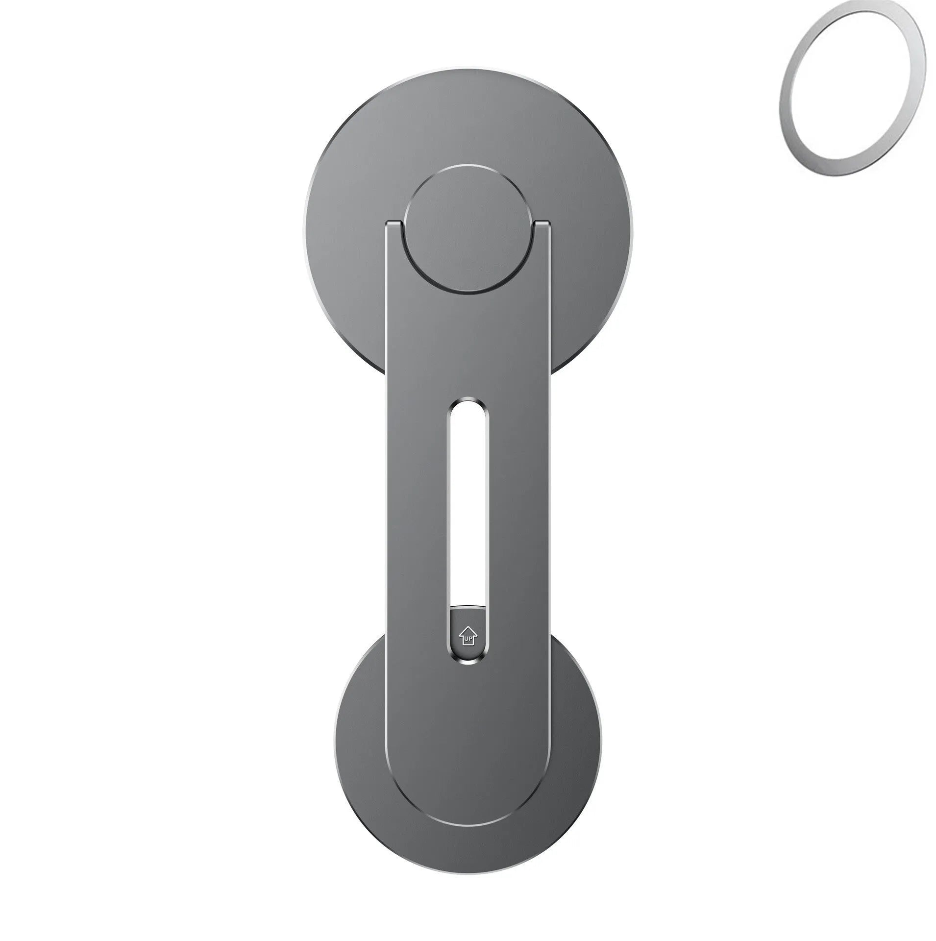 Silver aluminium magnetic car phone holder mounted on Tesla suspension screen showing 180-degree flip function