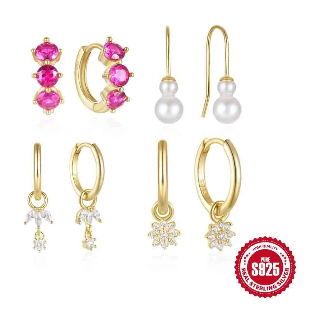 Sterling silver earrings with geometric sunflower design and inlaid zircon stones in golden-three diamond colour
