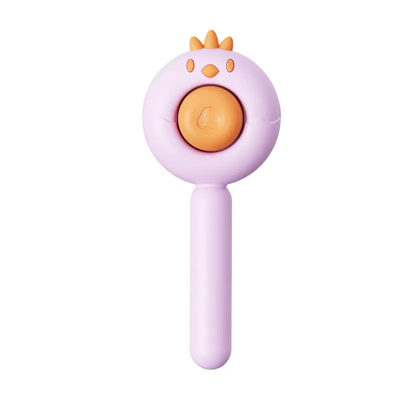 Purple self-cleaning pet grooming brush with stainless steel bristles on a white background.