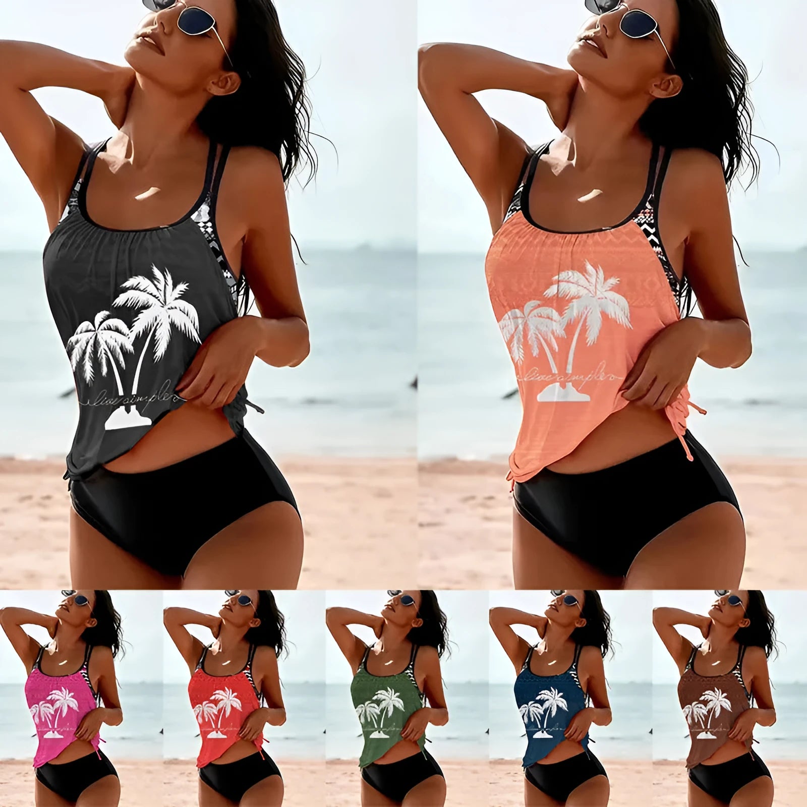 Women's loose tangini bikini briefs in polyester fabric available in multiple colours including army green and navy blue