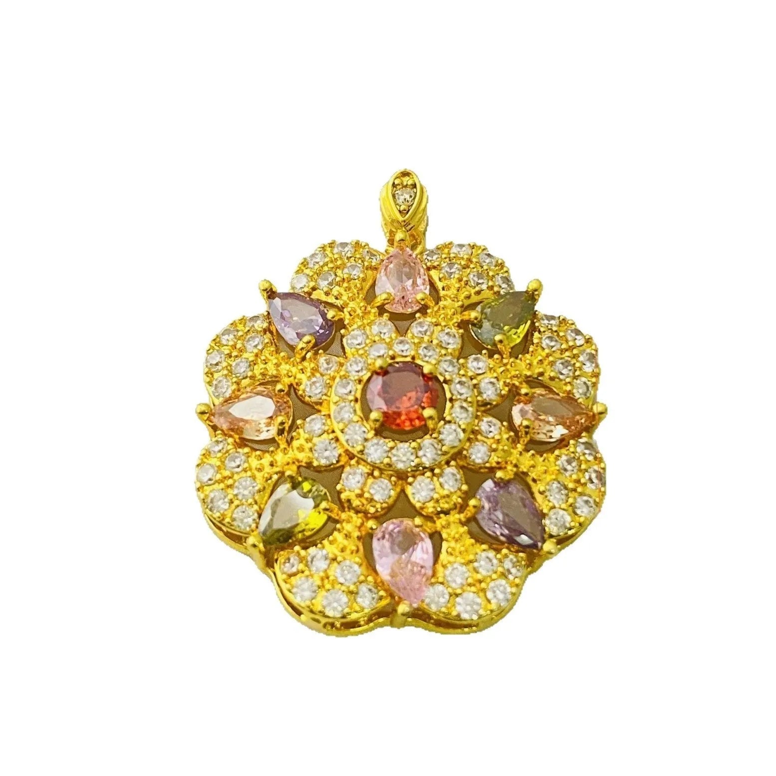 Close-up of a women's flower-shaped zircon pendant necklace in a gold electroplated finish on a model.