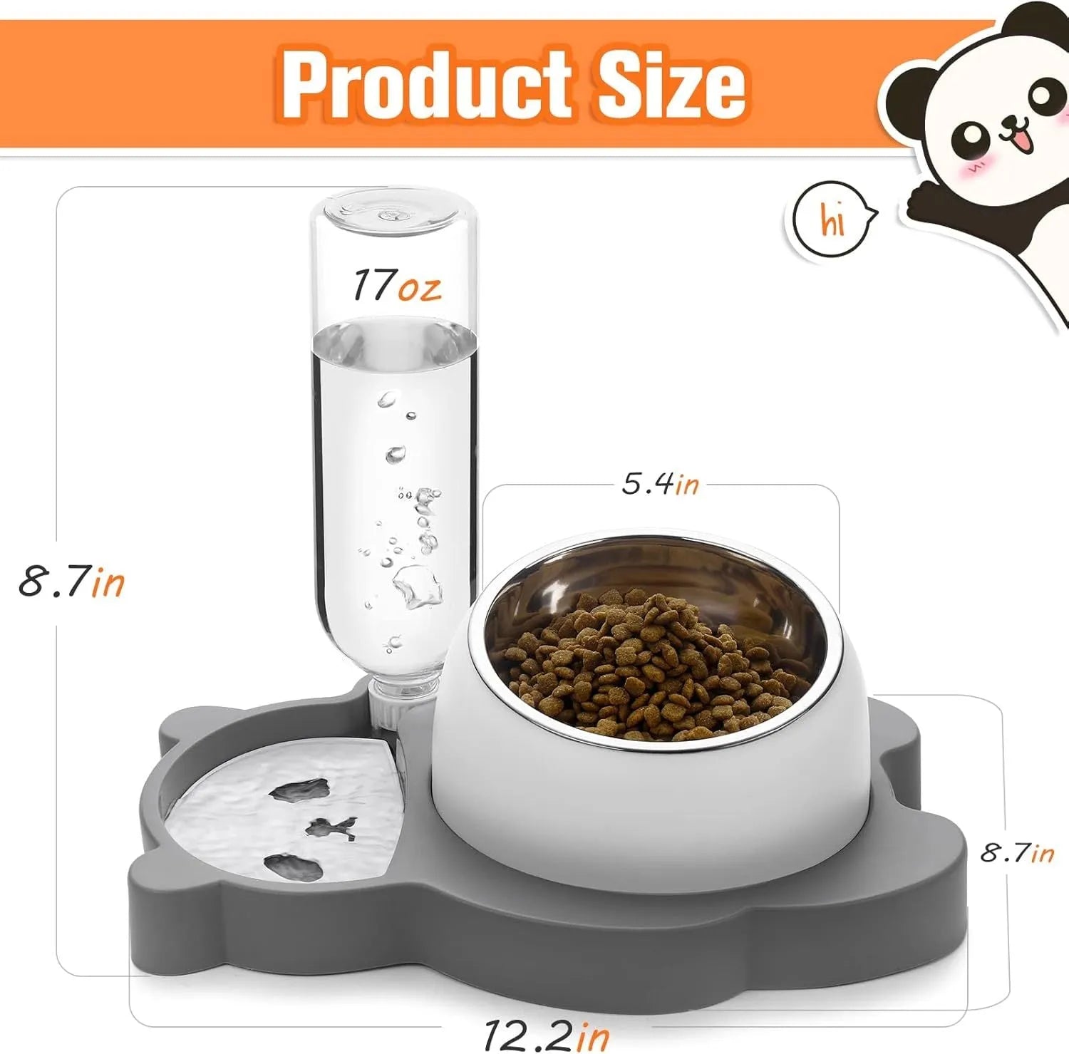Grey panda-shaped automatic water bowl for cats with tilted feeding design and 17 oz water bottle