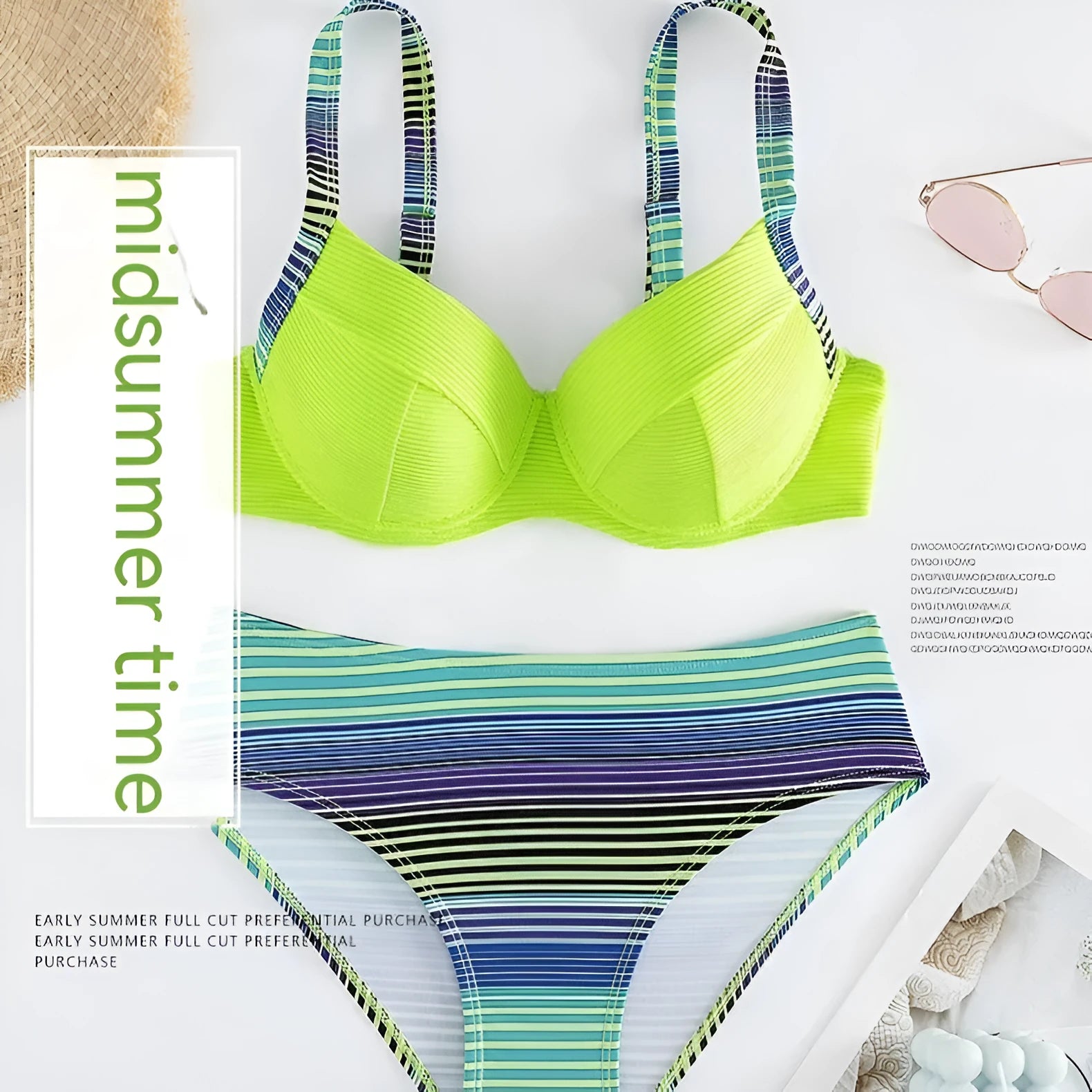 Green printed halter bikini set with matching split briefs for women