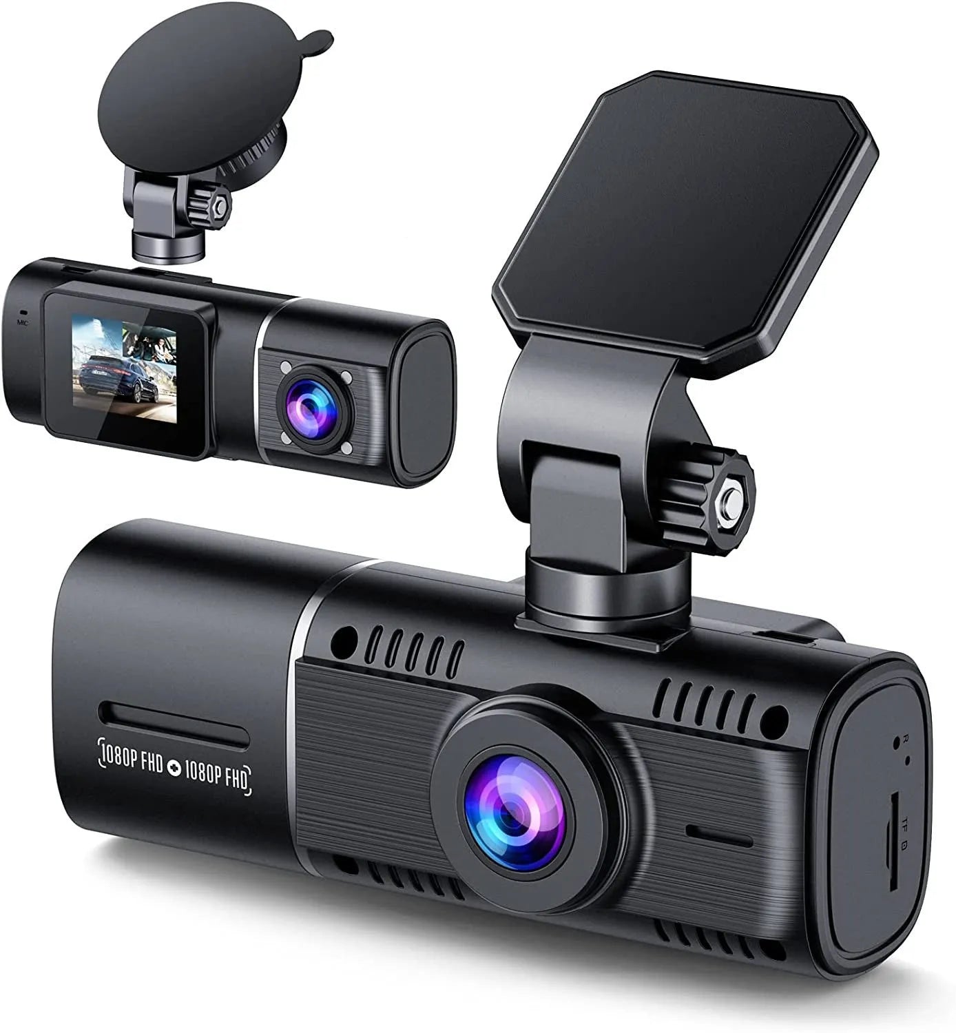 Black dual channel dash cam on a car windscreen with a 1.5-inch screen, showing front and rear camera views.