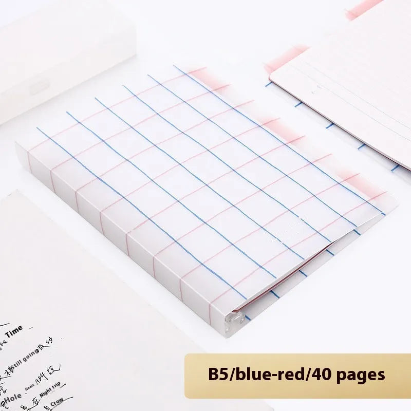 Refillable loose-leaf spiral notebook with PP cover open, showing raw wood pulp paper in grid ruling.