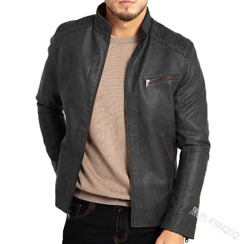 Men's black artificial leather punk motorcycle jacket with a stand collar and patch pocket.