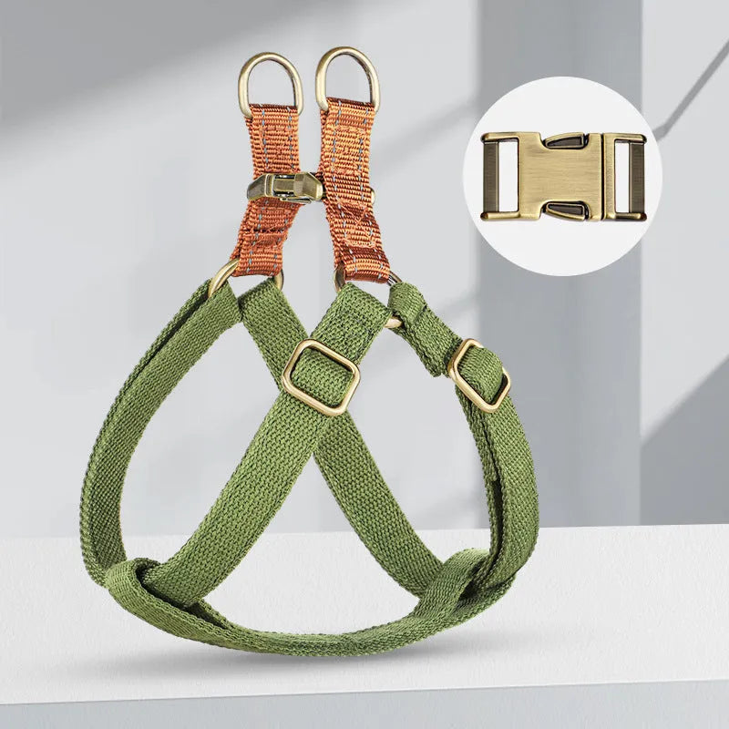 Brown vest style dog leash harness with alloy fastener for small to medium dogs