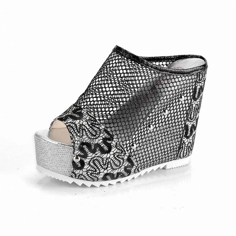 Korean platform flip flops with hollowed-out heel, chunky waterproof sole, and mesh upper in black colour
