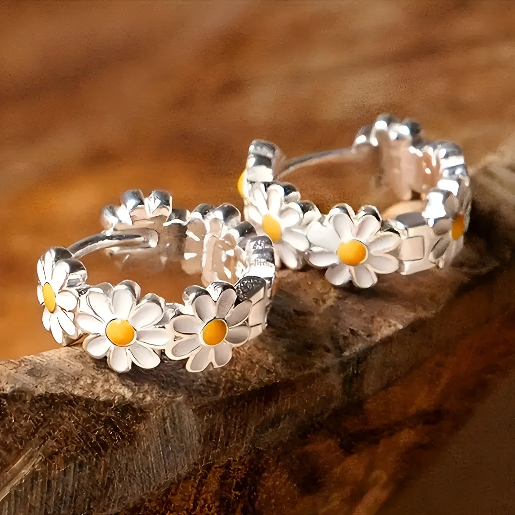 White daisy flower ring earrings with electroplated copper and gemstone settings