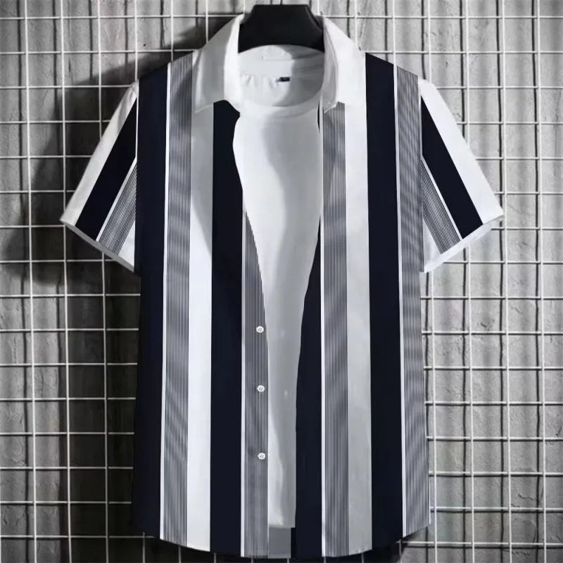Men's striped linen short sleeve T-shirt with 3D printing, shown in multiple colour options.