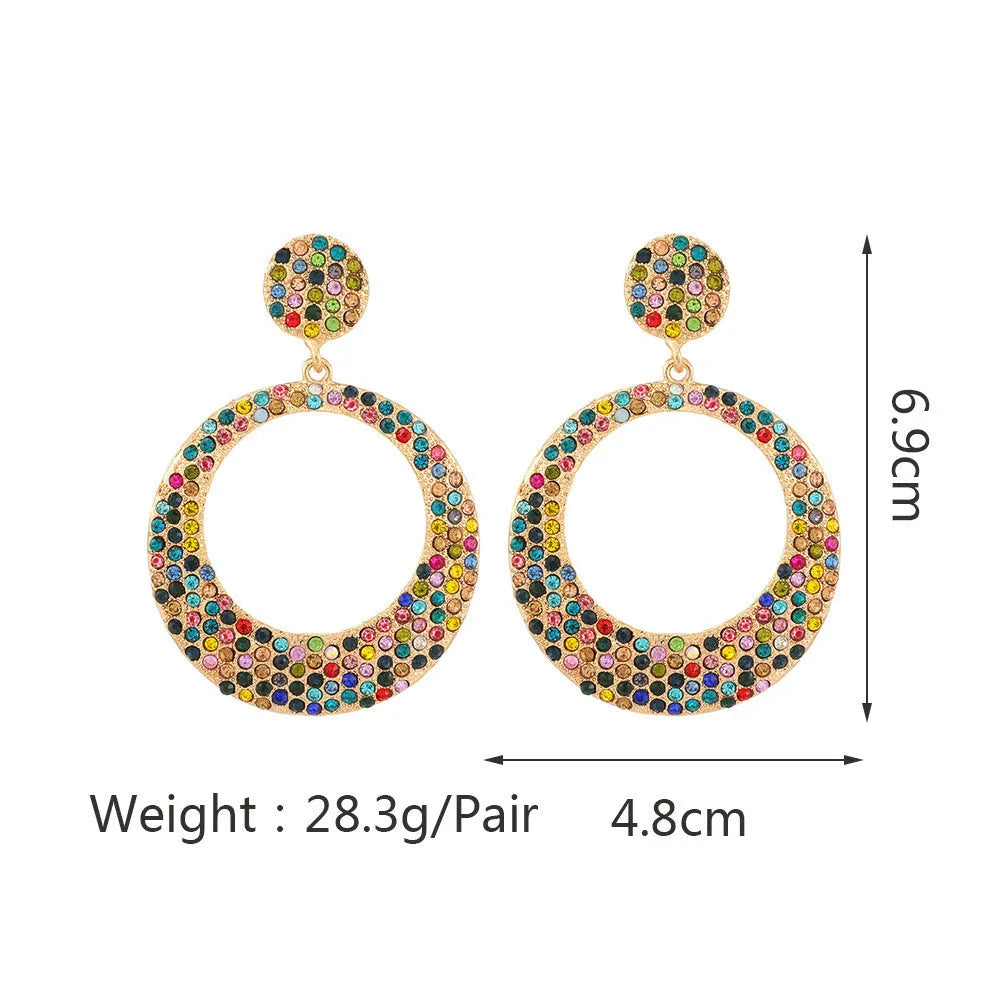 Colour cartoon style alloy earrings with metal diamond round large pendant drops for women