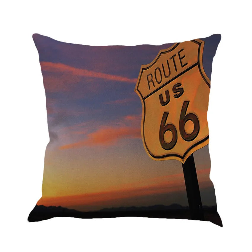 Route 66 landscape pattern on a 45x45 cm linen and cotton blend cushion cover.