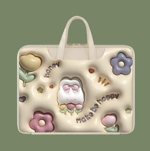 Inflatable PU leather laptop bag in cat beige colour with luggage strap, suitable for 13 to 15.6 inch laptops.