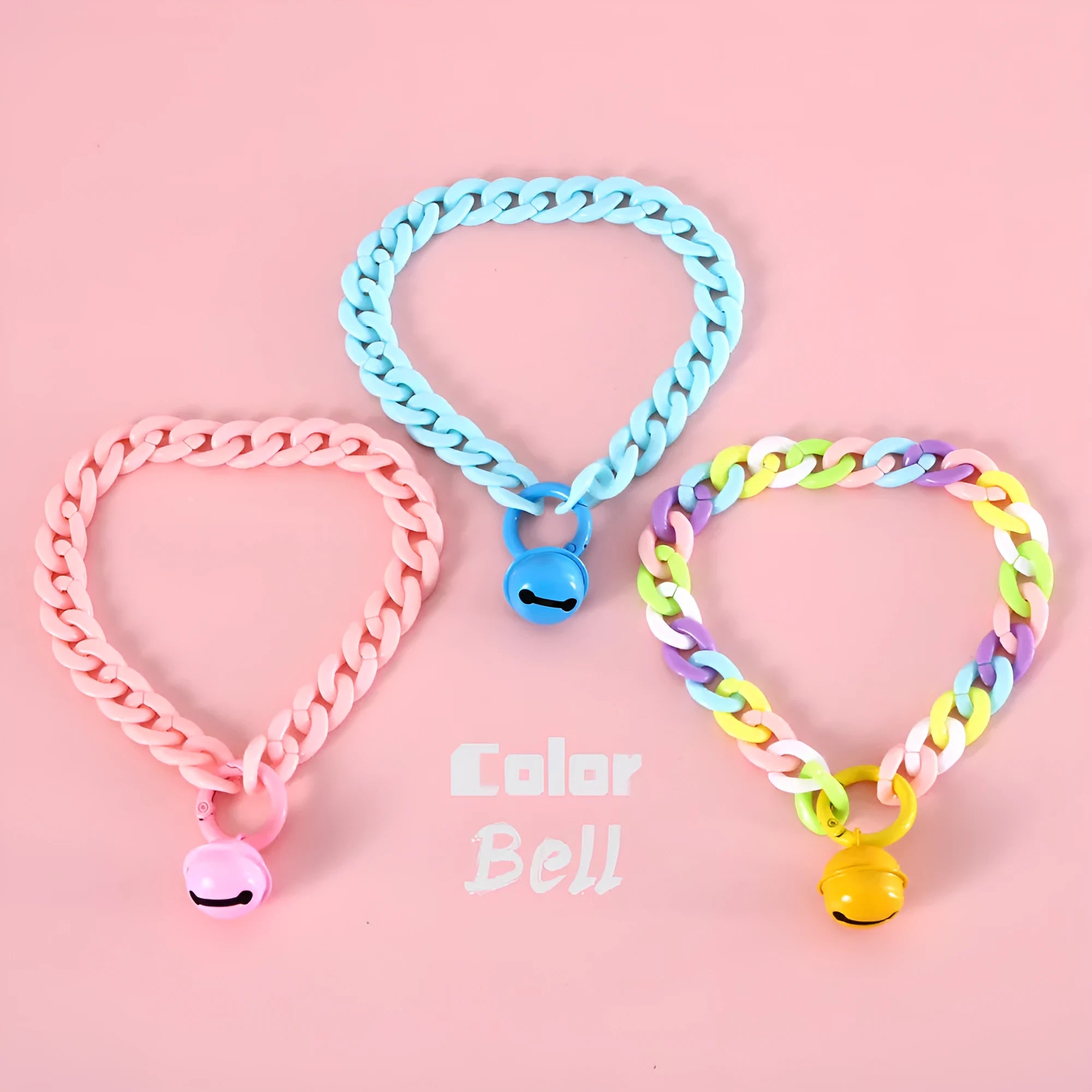 Macaron candy colour plastic chain collar for pets in blue, pink, and mixed colours with S and M size tags.