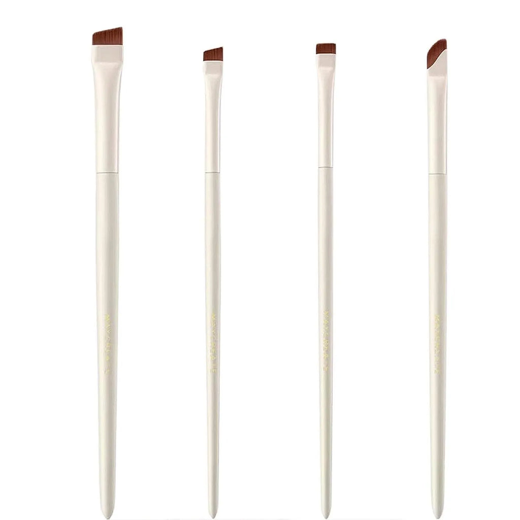 Four angled eyeliner and brow brushes with fine tips next to a leather case.
