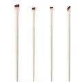 Four angled eyeliner and brow brushes with fine tips next to a leather case.