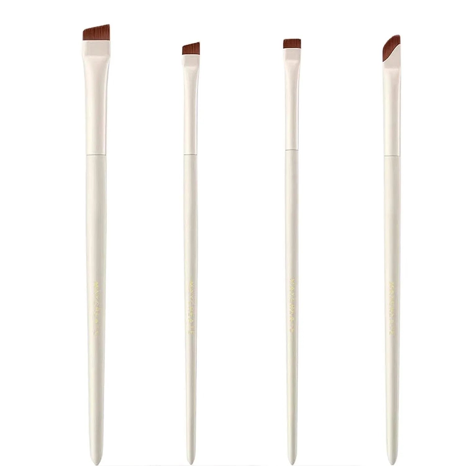 Four angled eyeliner and brow brushes with fine tips next to a leather case.