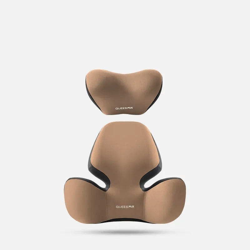 Automotive memory foam support cushion showing headrest and lumbar pillow options in grey colour