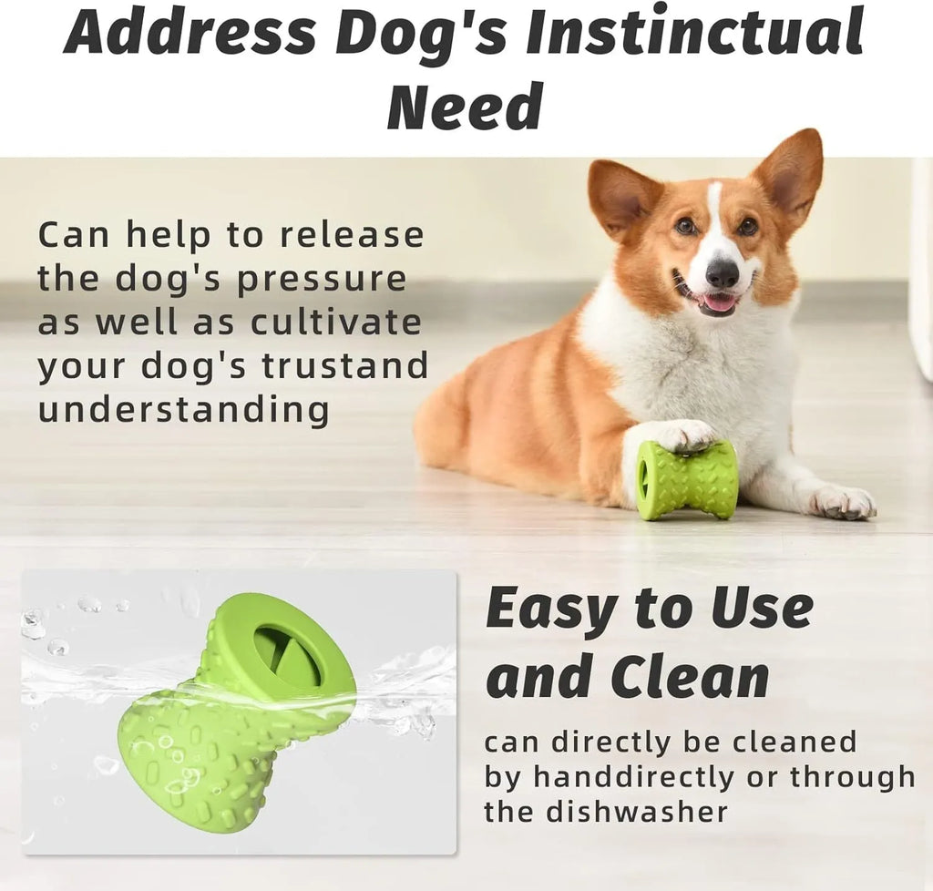 Natural rubber interactive treat dispensing dog chew toy in blue, green or purple