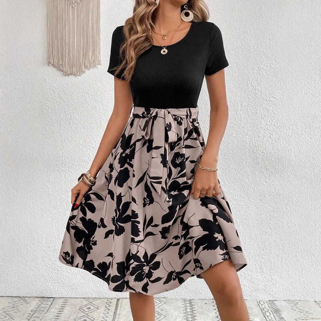 Women's casual A-line dress with plants and flowers printing pattern and shoulder strap detailing