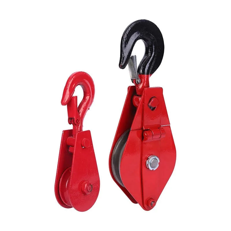 Red forged steel lifting pulley with a ring hook and safety latch for industrial general lifting applications.
