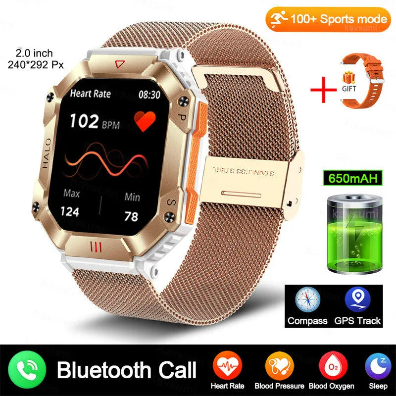 Android smart watch for women with GPS, titanium case, and a selection of band styles on display.