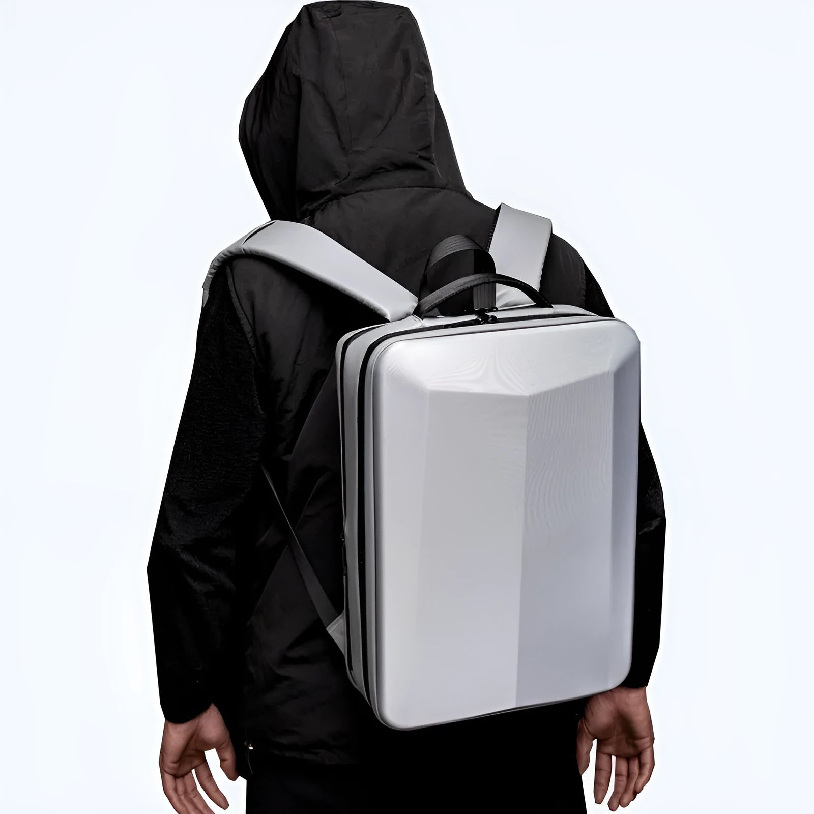 Waterproof business backpack in black colour showing curved shoulder straps and professional design