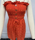 Women's solid colour off-shoulder sleeveless jumpsuit in blue showing Japanese Korean casual style with button detail