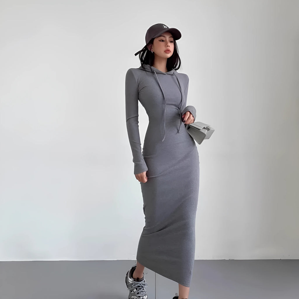 Women's grey polyester sheath dress with long sleeves and a high waist, knee-length.