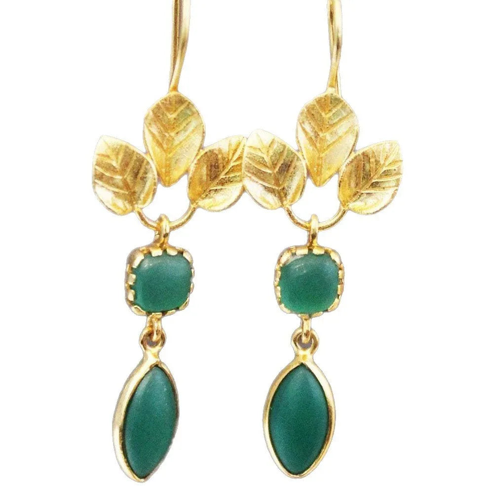Gold drop-shaped earrings with tassel details and zircon accents on copper construction