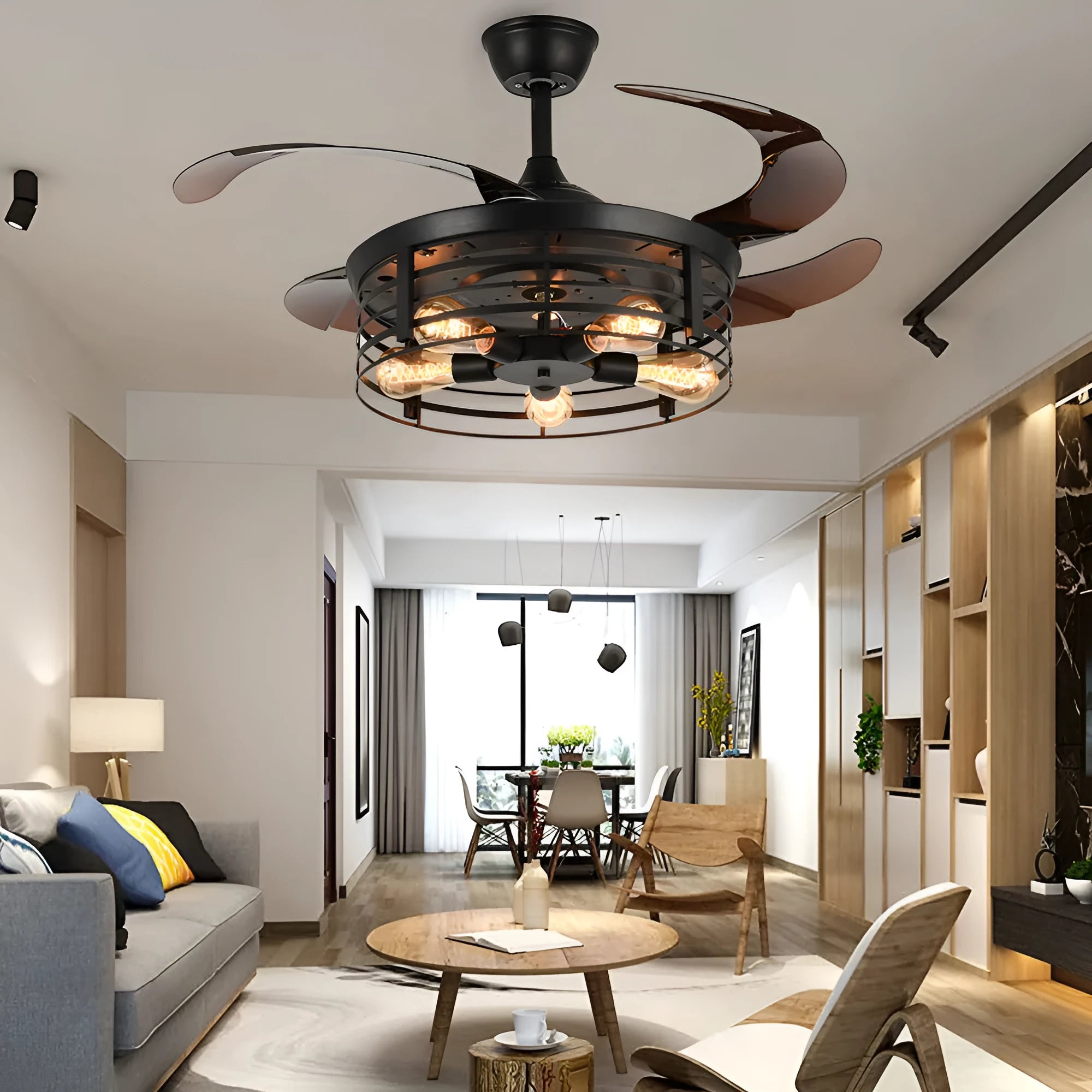 Industrial ceiling fan lamp with invisible blades and integrated light, American retro style
