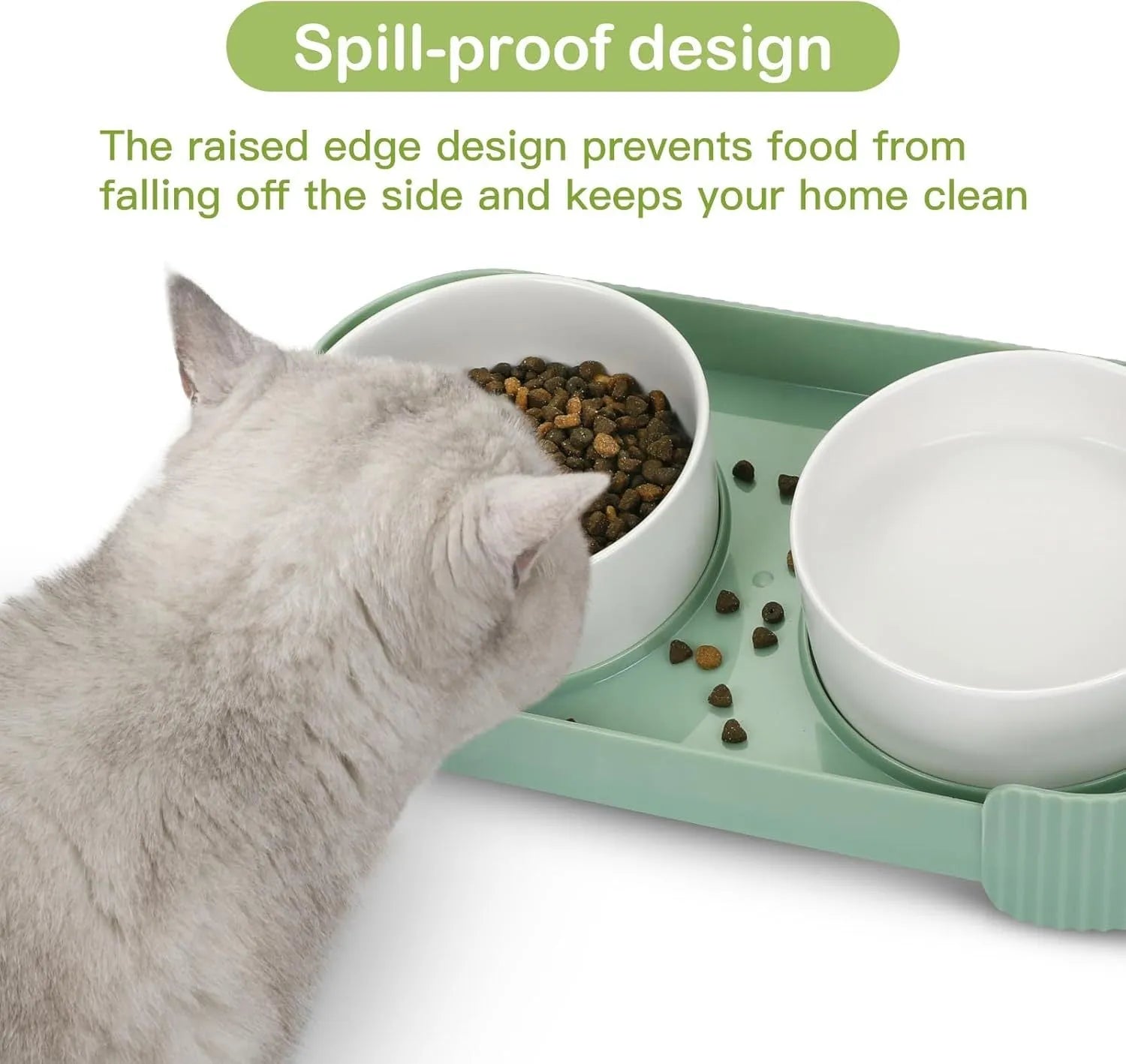 Tilted ceramic pet bowls on elevated stand with 15-degree angle for cats and dogs