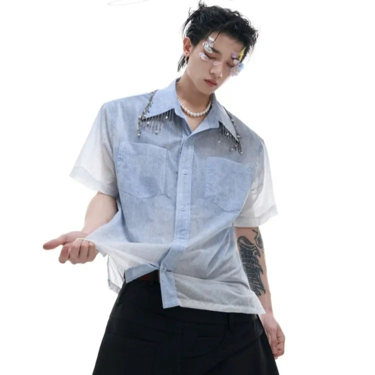 Blue to white gradient men's short-sleeved loose fit polyester shirt
