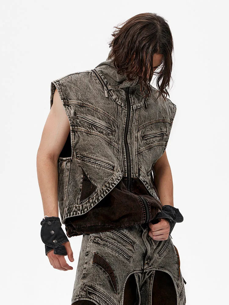 Men's spliced denim sleeveless vest jacket with front zipper closure