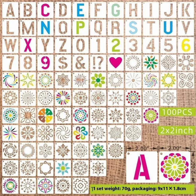 700 PET film hollow spray painting templates in seven 2-inch designs including floral, animal, ocean, and letter patterns