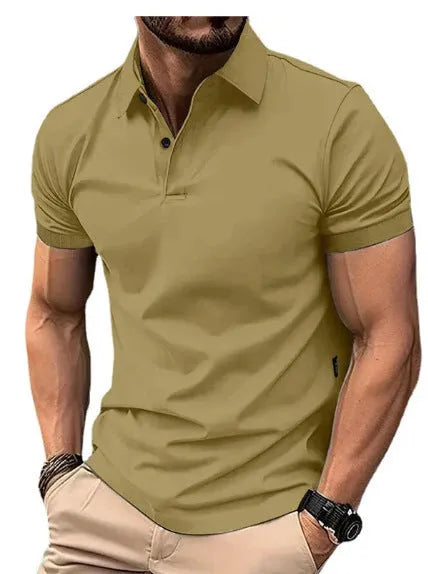 Men's slim fit casual short sleeve button-up shirt in a solid colour on a hanger.
