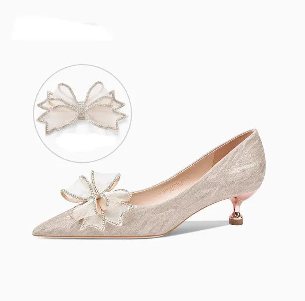 Champagne gold crystal sequin pointed toe stiletto heel wedding shoes with low-cut vamp