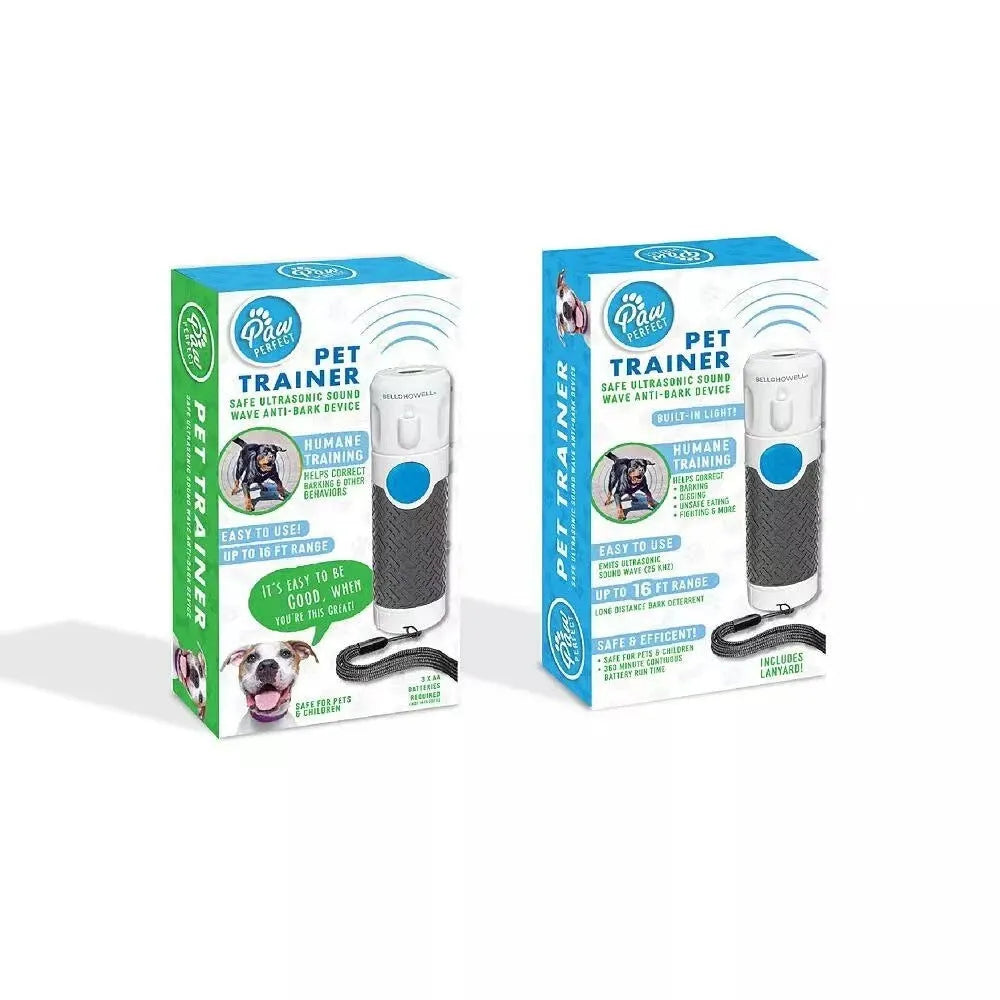 White handheld ultrasonic dog bark control trainer on a plain background