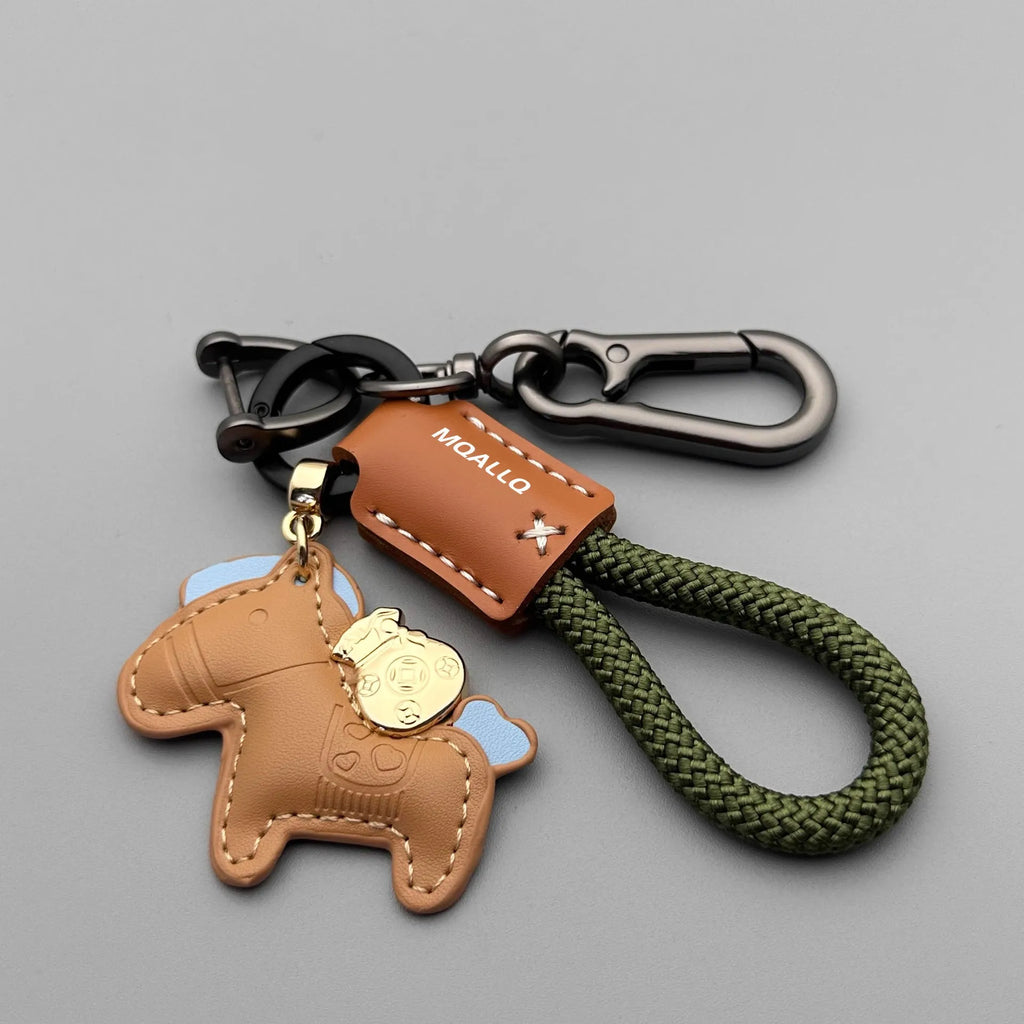 Handmade cowhide leather car key pendant with zinc alloy pony buckle and coloured flanelle rope