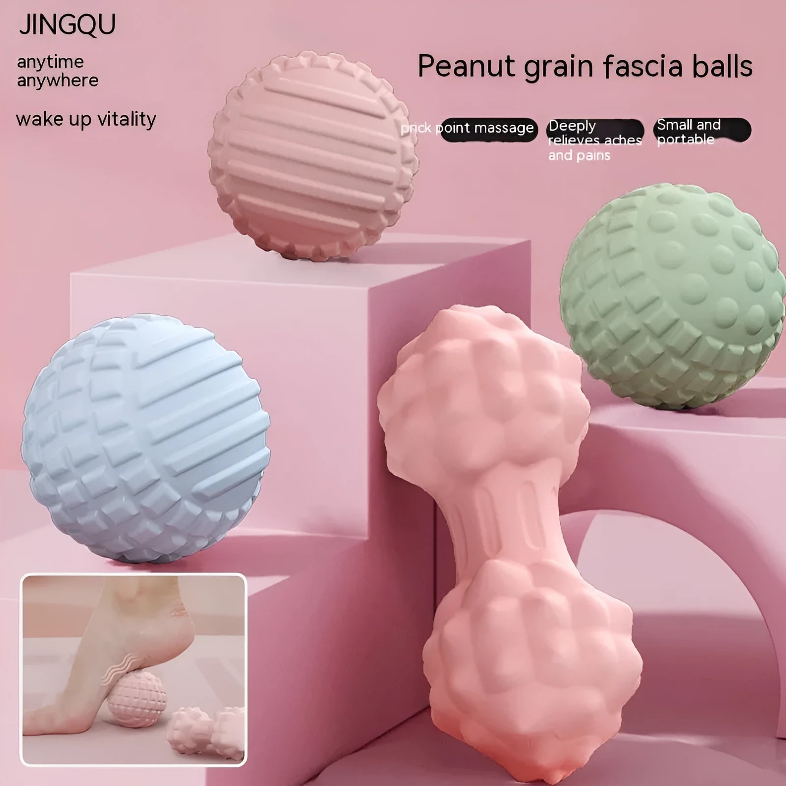 Blue peanut-shaped TPR foot massage ball on a wooden floor.