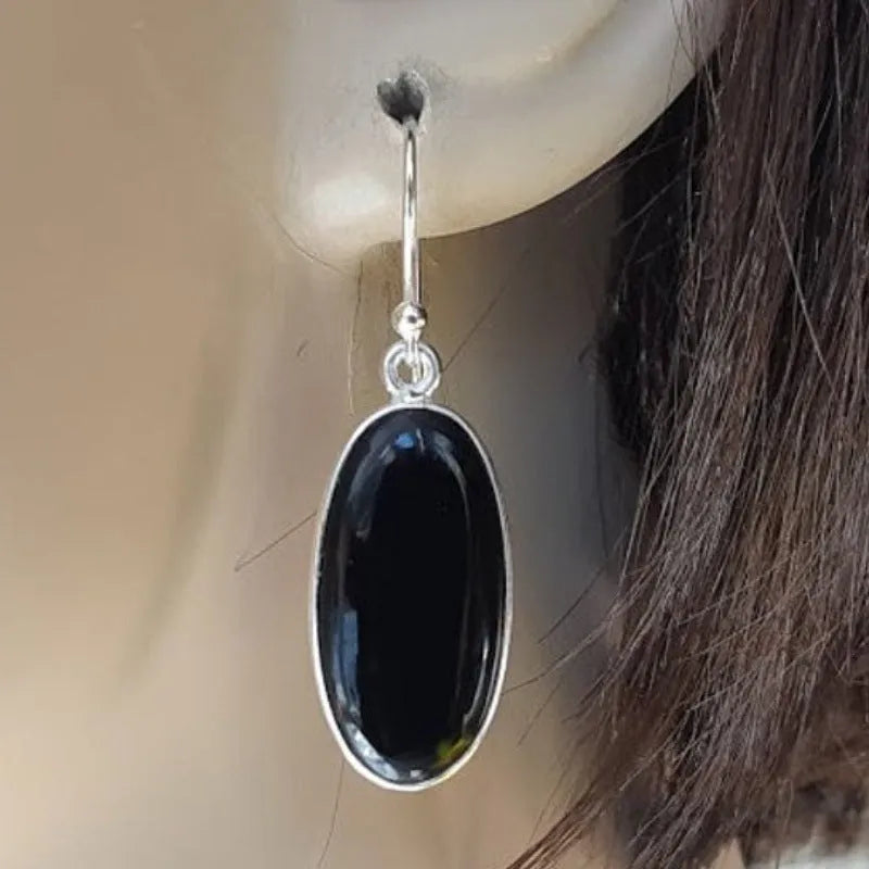 Black geometric women's earrings with oval agate pendants on 925 silver posts